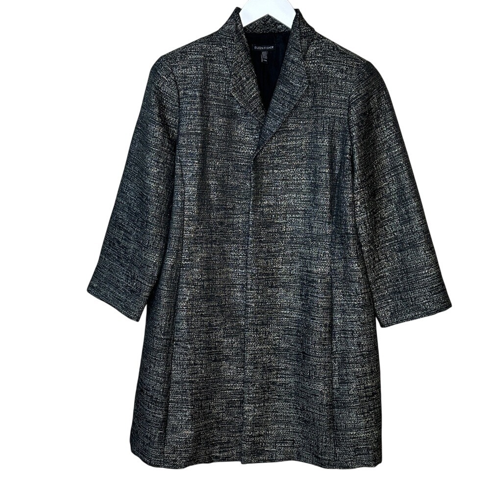 Eileen Fisher Women's Grey and Silver Silk Blend Jacquard Duster Jacket Size M - Picture 3 of 15